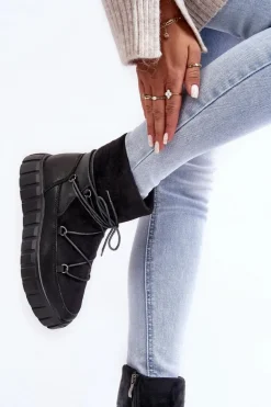 Skórzane Śniegowce Botki Na Platformie Czarne Maxava