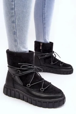 Skórzane Śniegowce Botki Na Platformie Czarne Maxava