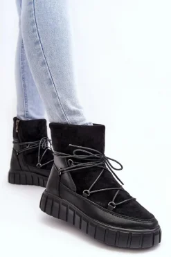 Skórzane Śniegowce Botki Na Platformie Czarne Maxava