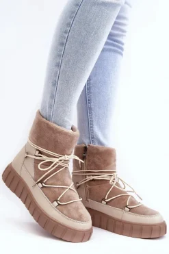 Skórzane Śniegowce Botki Na Platformie Beżowe Maxava