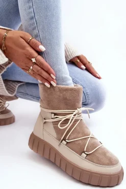 Skórzane Śniegowce Botki Na Platformie Beżowe Maxava