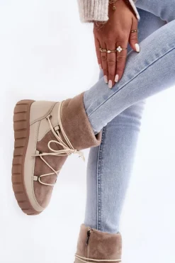 Skórzane Śniegowce Botki Na Platformie Beżowe Maxava