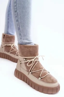 Skórzane Śniegowce Botki Na Platformie Beżowe Maxava