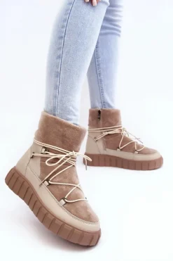 Skórzane Śniegowce Botki Na Platformie Beżowe Maxava