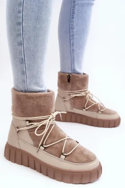 Skórzane Śniegowce Botki Na Platformie Beżowe Maxava