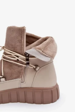 Skórzane Śniegowce Botki Na Platformie Beżowe Maxava