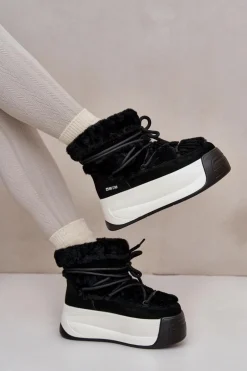 Skórzane Śniegowce Damskie Na Grubej Podeszwie Z Futerkiem Big Star OO274A206 Czarne