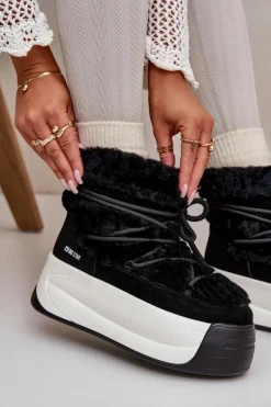 Skórzane Śniegowce Damskie Na Grubej Podeszwie Z Futerkiem Big Star OO274A206 Czarne