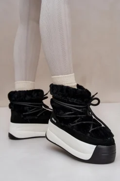 Skórzane Śniegowce Damskie Na Grubej Podeszwie Z Futerkiem Big Star OO274A206 Czarne