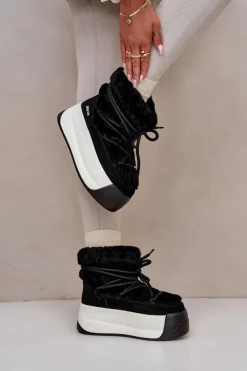 Skórzane Śniegowce Damskie Na Grubej Podeszwie Z Futerkiem Big Star OO274A206 Czarne