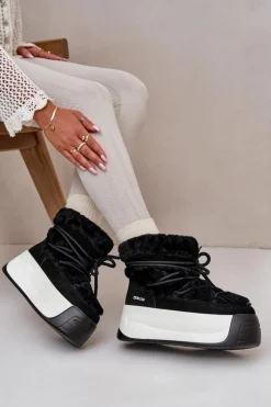 Skórzane Śniegowce Damskie Na Grubej Podeszwie Z Futerkiem Big Star OO274A206 Czarne