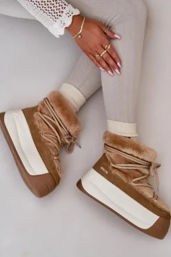 Skórzane Śniegowce Damskie Na Grubej Podeszwie Z Futerkiem Big Star OO274A207 Brązowe