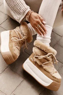 Skórzane Śniegowce Damskie Na Grubej Podeszwie Z Futerkiem Big Star OO274A207 Brązowe