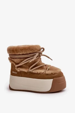 Skórzane Śniegowce Damskie Na Grubej Podeszwie Z Futerkiem Big Star OO274A207 Brązowe