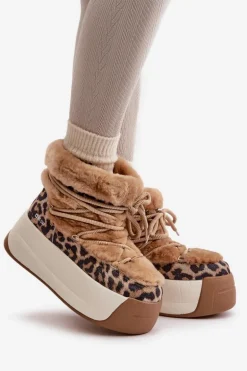 Skórzane Śniegowce Damskie Na Grubej Podeszwie Z Futerkiem Panterka Big Star OO274A208 Brązowe