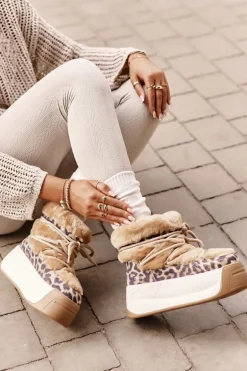 Skórzane Śniegowce Damskie Na Grubej Podeszwie Z Futerkiem Panterka Big Star OO274A208 Brązowe