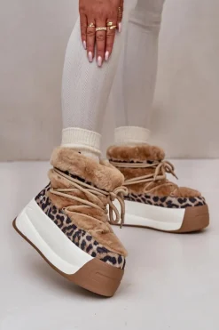 Skórzane Śniegowce Damskie Na Grubej Podeszwie Z Futerkiem Panterka Big Star OO274A208 Brązowe