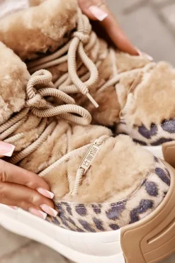 Skórzane Śniegowce Damskie Na Grubej Podeszwie Z Futerkiem Panterka Big Star OO274A208 Brązowe