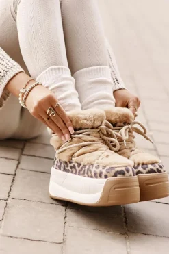 Skórzane Śniegowce Damskie Na Grubej Podeszwie Z Futerkiem Panterka Big Star OO274A208 Brązowe