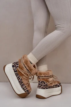 Skórzane Śniegowce Damskie Na Grubej Podeszwie Z Futerkiem Panterka Big Star OO274A208 Brązowe