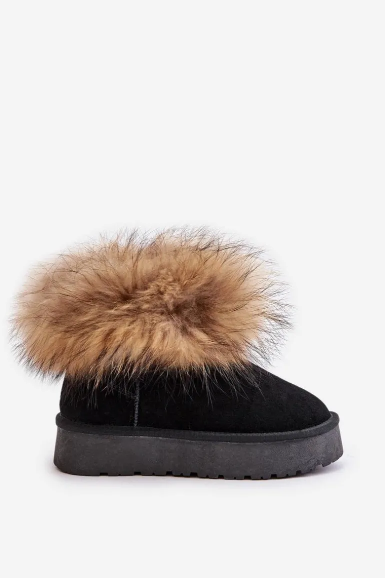 Skórzane Śniegowce Na Platformie Z Futerkiem Czarne Avirisa