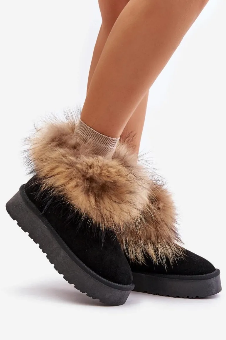 Skórzane Śniegowce Na Platformie Z Futerkiem Czarne Avirisa