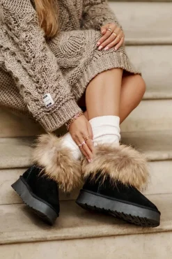 Skórzane Śniegowce Na Platformie Z Futerkiem Czarne Avirisa