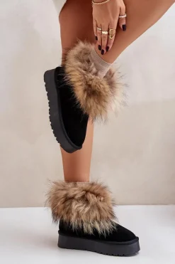 Skórzane Śniegowce Na Platformie Z Futerkiem Czarne Avirisa