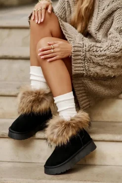 Skórzane Śniegowce Na Platformie Z Futerkiem Czarne Avirisa