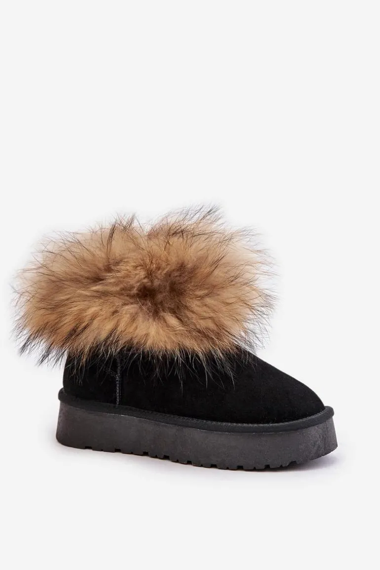Skórzane Śniegowce Na Platformie Z Futerkiem Czarne Avirisa