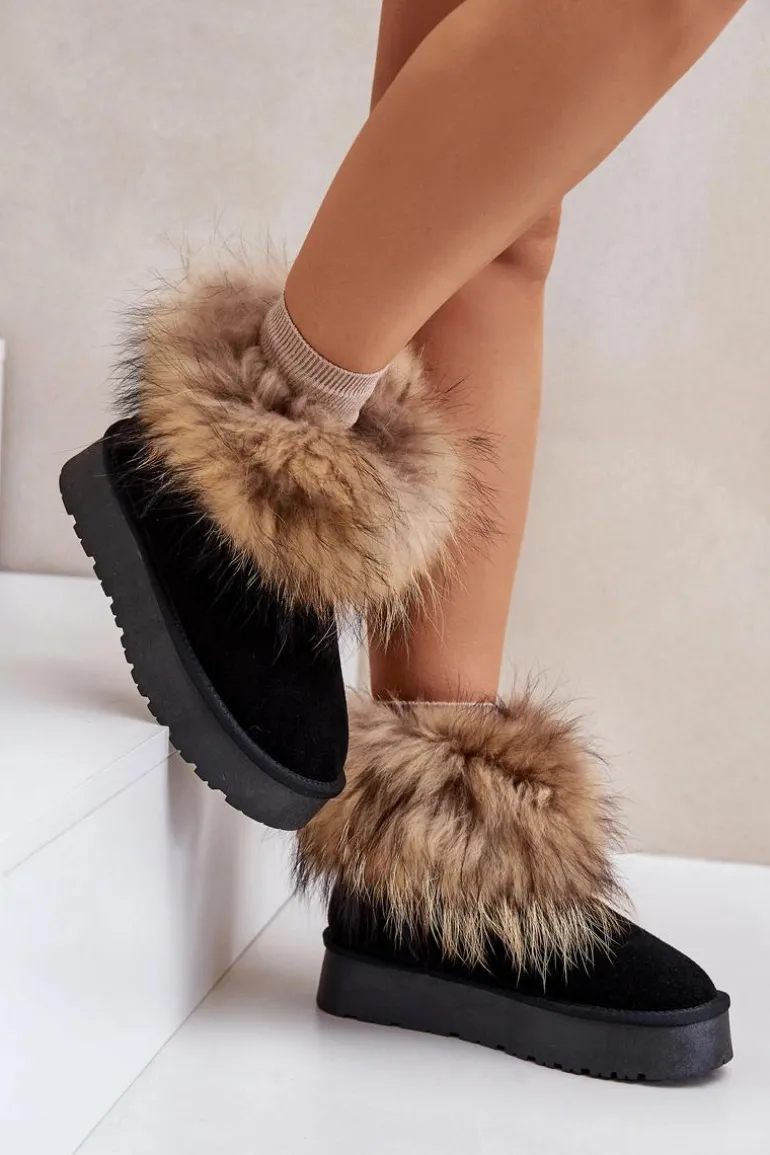 Skórzane Śniegowce Na Platformie Z Futerkiem Czarne Avirisa