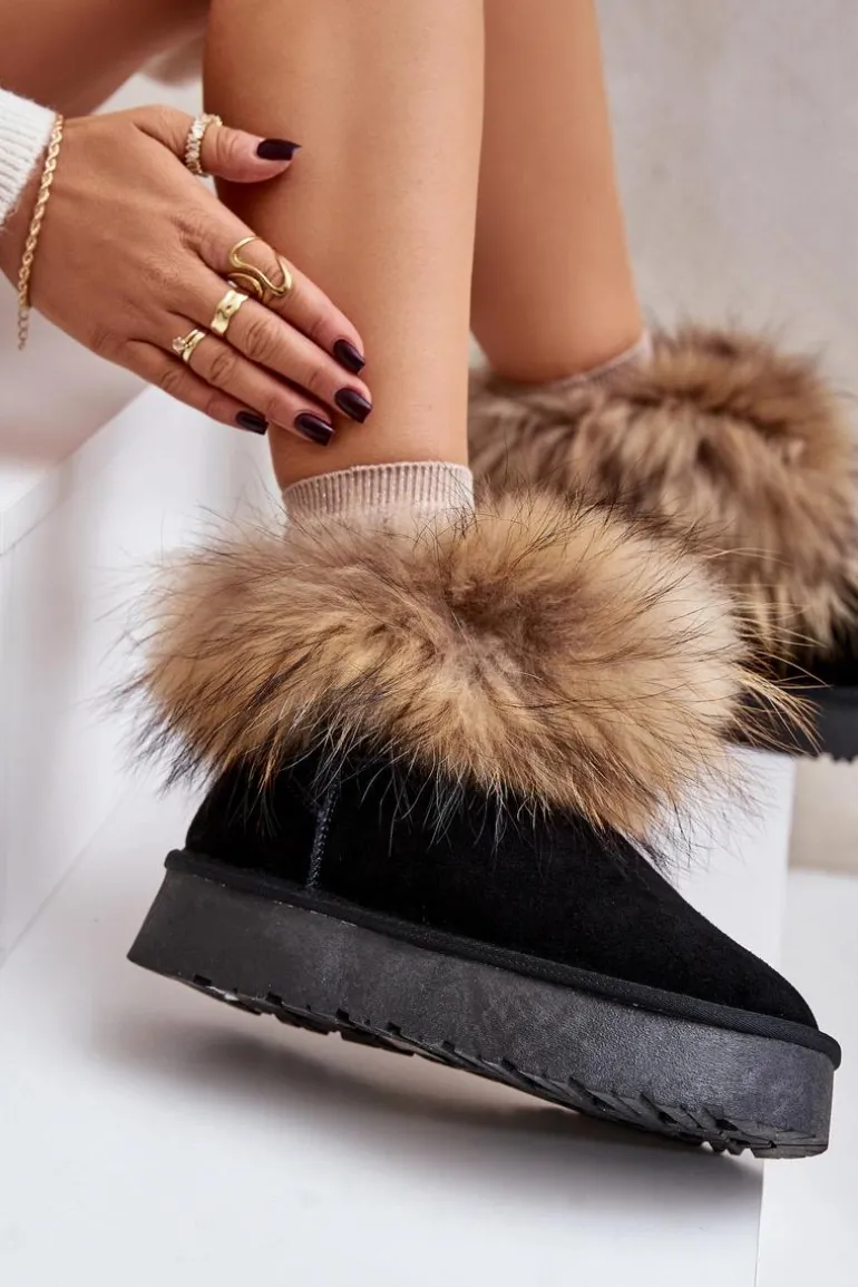 Skórzane Śniegowce Na Platformie Z Futerkiem Czarne Avirisa