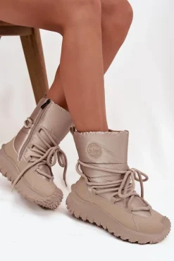 Skórzane Śniegowce Na Platformie Lee Cooper LCJ-25-12-3663 Beżowo-Złote