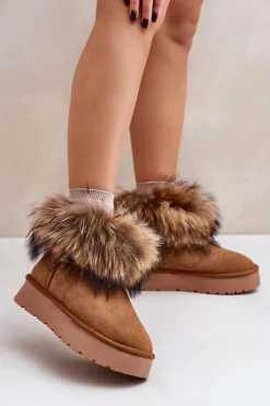 Skórzane Śniegowce Na Platformie Z Futerkiem Camel Avirisa