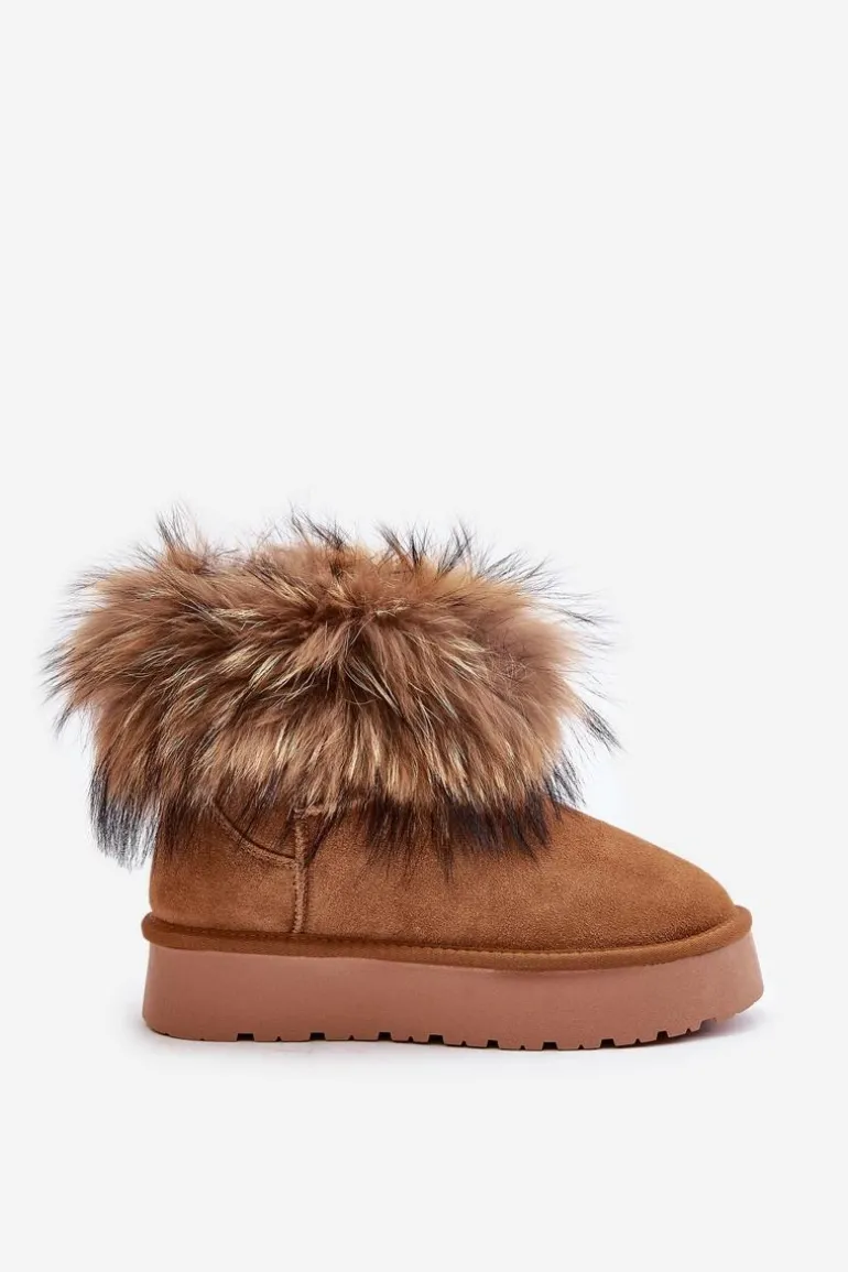 Skórzane Śniegowce Na Platformie Z Futerkiem Camel Avirisa