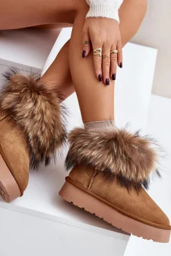 Skórzane Śniegowce Na Platformie Z Futerkiem Camel Avirisa