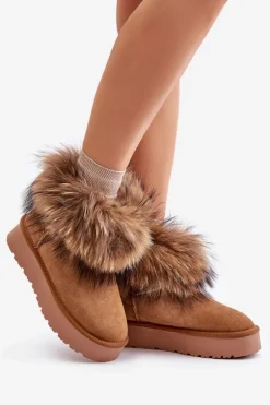 Skórzane Śniegowce Na Platformie Z Futerkiem Camel Avirisa