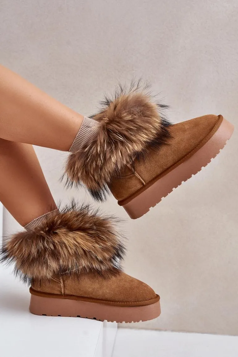 Skórzane Śniegowce Na Platformie Z Futerkiem Camel Avirisa