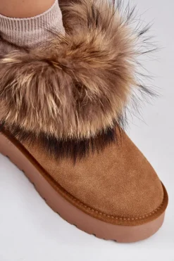 Skórzane Śniegowce Na Platformie Z Futerkiem Camel Avirisa