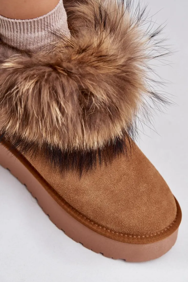 Skórzane Śniegowce Na Platformie Z Futerkiem Camel Avirisa