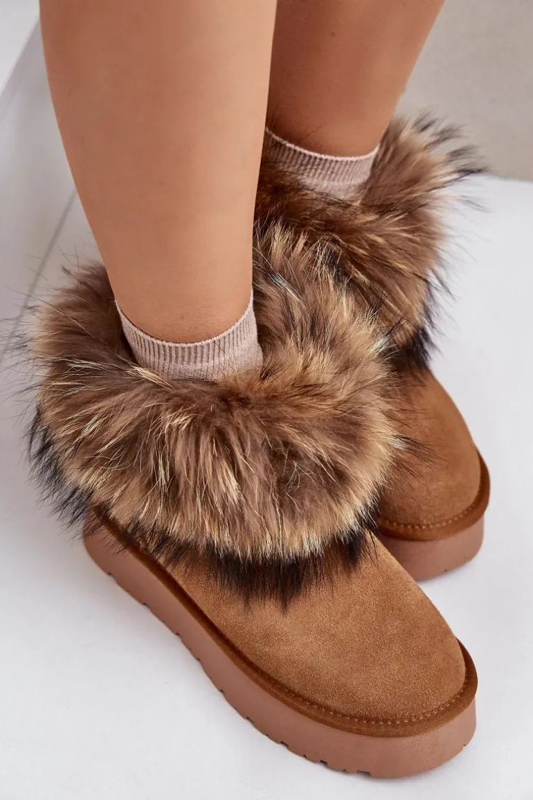 Skórzane Śniegowce Na Platformie Z Futerkiem Camel Avirisa