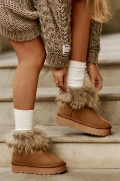 Skórzane Śniegowce Na Platformie Z Futerkiem Camel Avirisa