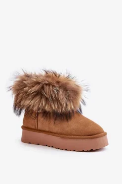 Skórzane Śniegowce Na Platformie Z Futerkiem Camel Avirisa