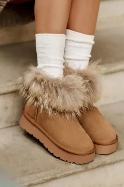 Skórzane Śniegowce Na Platformie Z Futerkiem Camel Avirisa