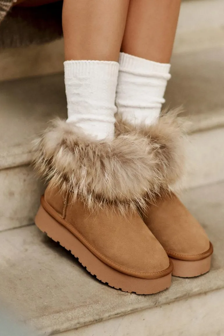 Skórzane Śniegowce Na Platformie Z Futerkiem Camel Avirisa