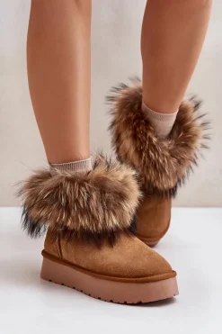 Skórzane Śniegowce Na Platformie Z Futerkiem Camel Avirisa