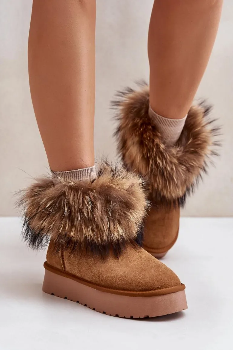 Skórzane Śniegowce Na Platformie Z Futerkiem Camel Avirisa