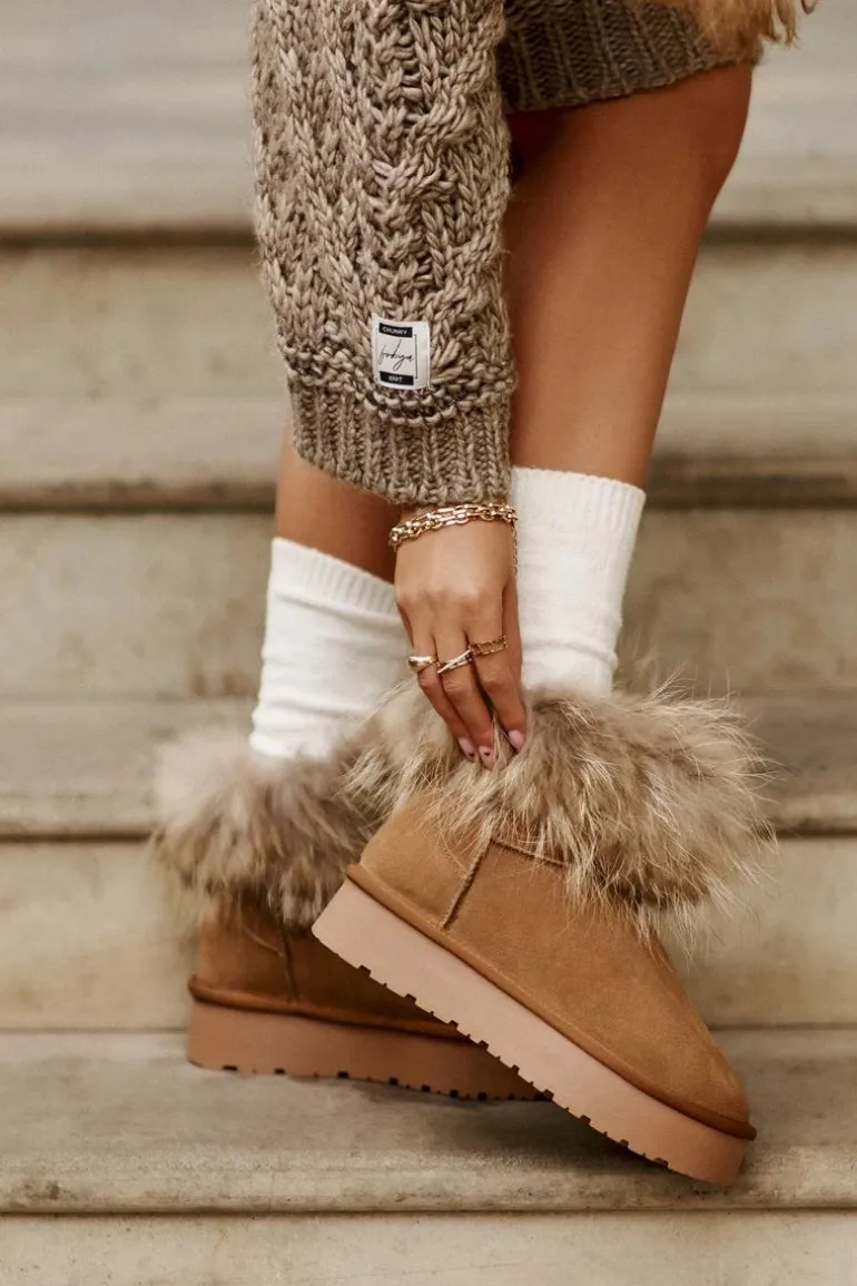 Skórzane Śniegowce Na Platformie Z Futerkiem Camel Avirisa