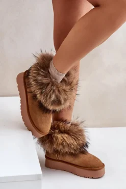 Skórzane Śniegowce Na Platformie Z Futerkiem Camel Avirisa