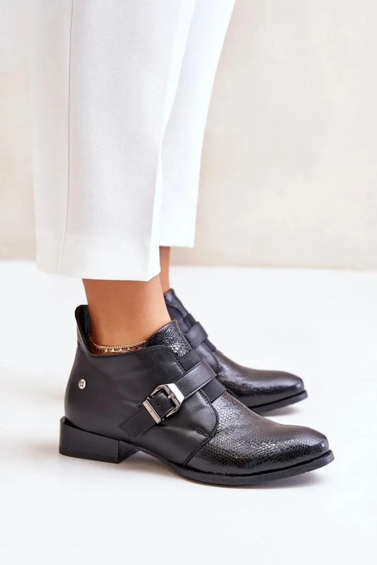 Skórzane Niskie Botki Na Zamek Maciejka 06692-01 Czarne